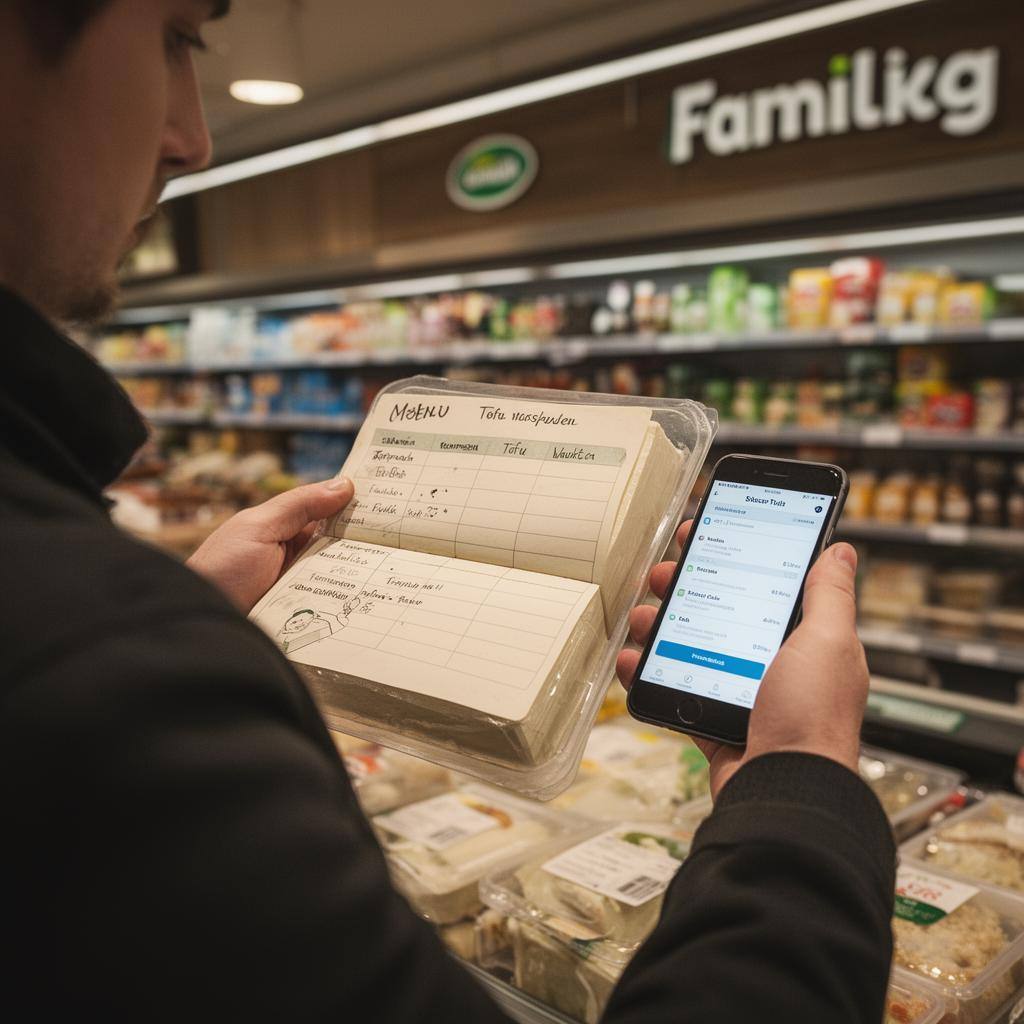 Person im Supermarkt wählt Tofu für geplanten veganen Wocheneinkauf