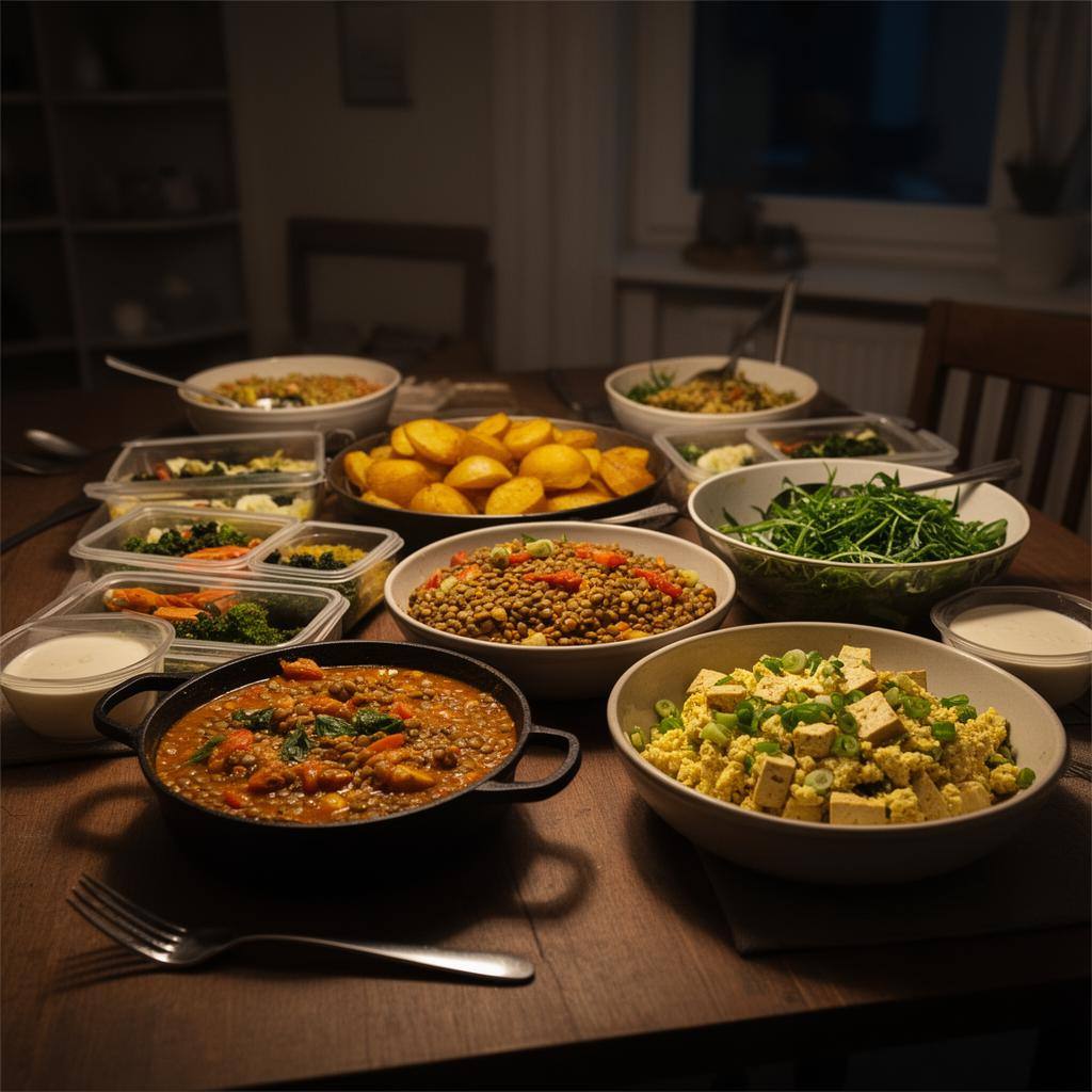 Vorbereitete vegane Gerichte in Portionsschalen für ein stressfreies Meal Prep