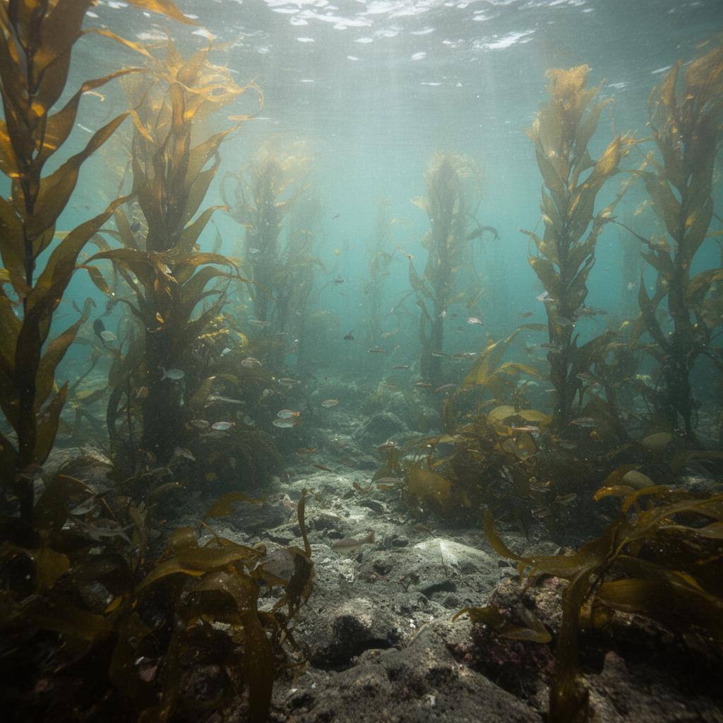 アマモが再生しつつある日本の沿岸水底。魚が群れ泳いでいる。