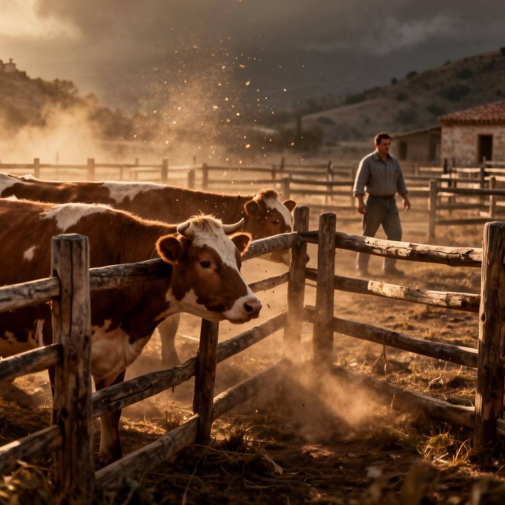 Vacas en una granja lechera tradicional española al atardecer