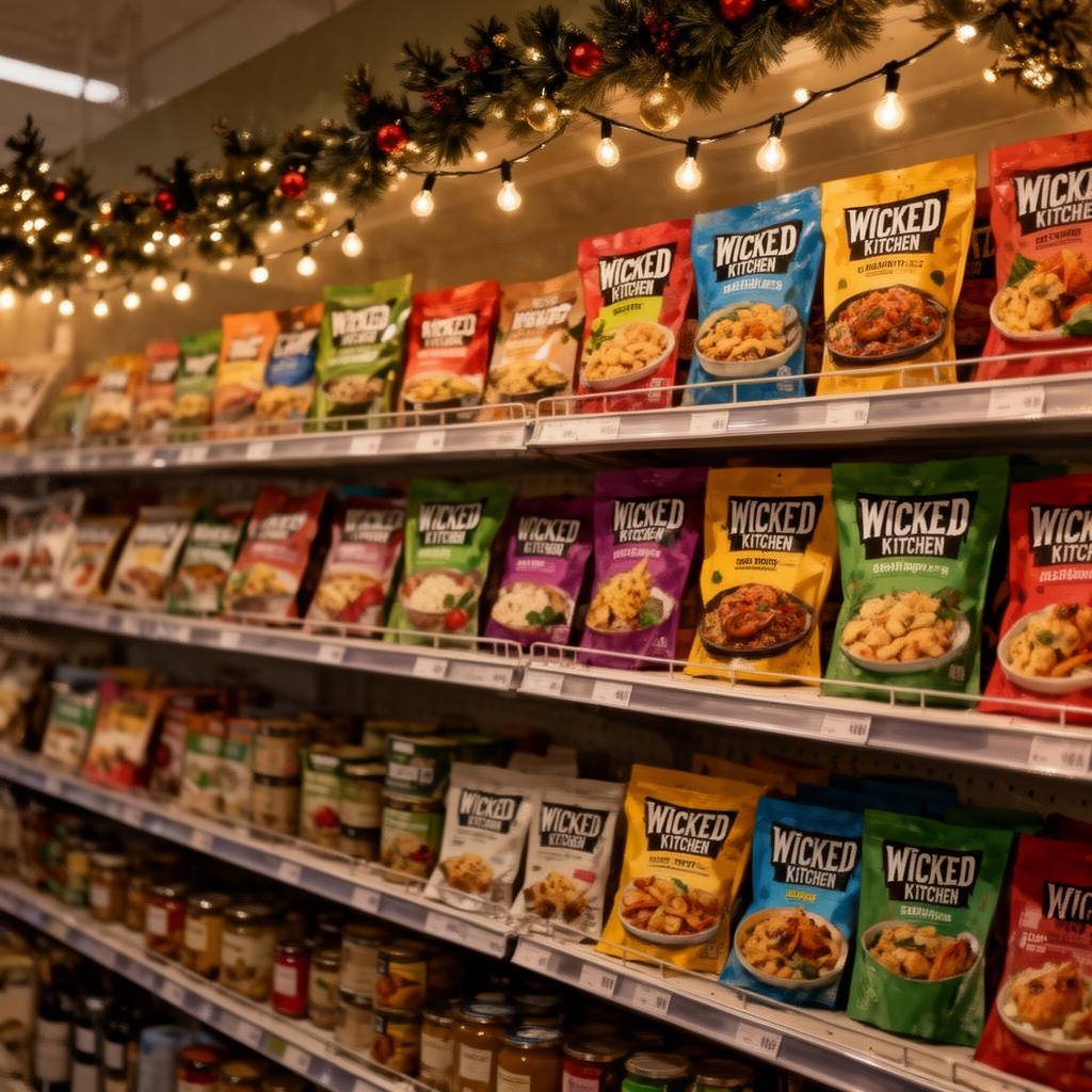 テスコの店頭に並ぶウィキッドキッチンの商品棚とクリスマス装飾の様子。