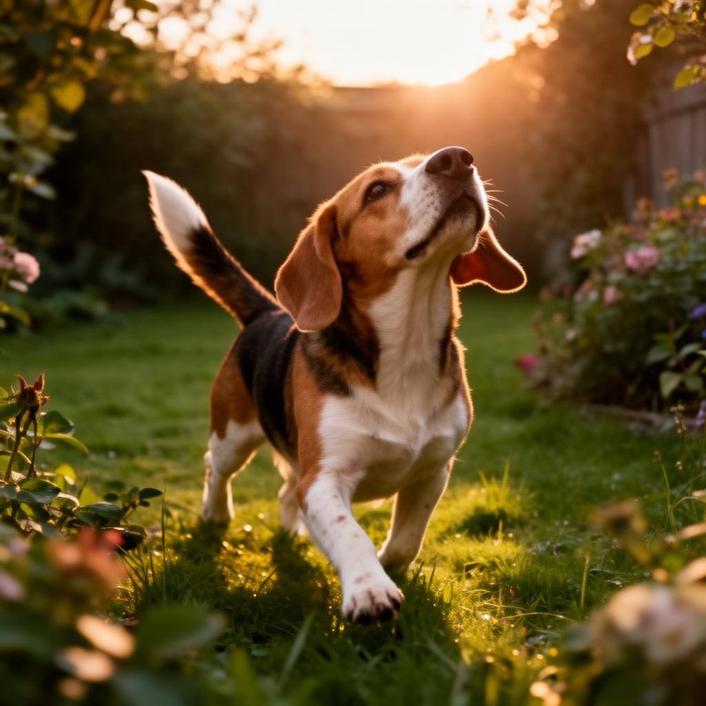 Beagle feliz em jardim após adoção, representando a reabilitação dos cães da Envigo