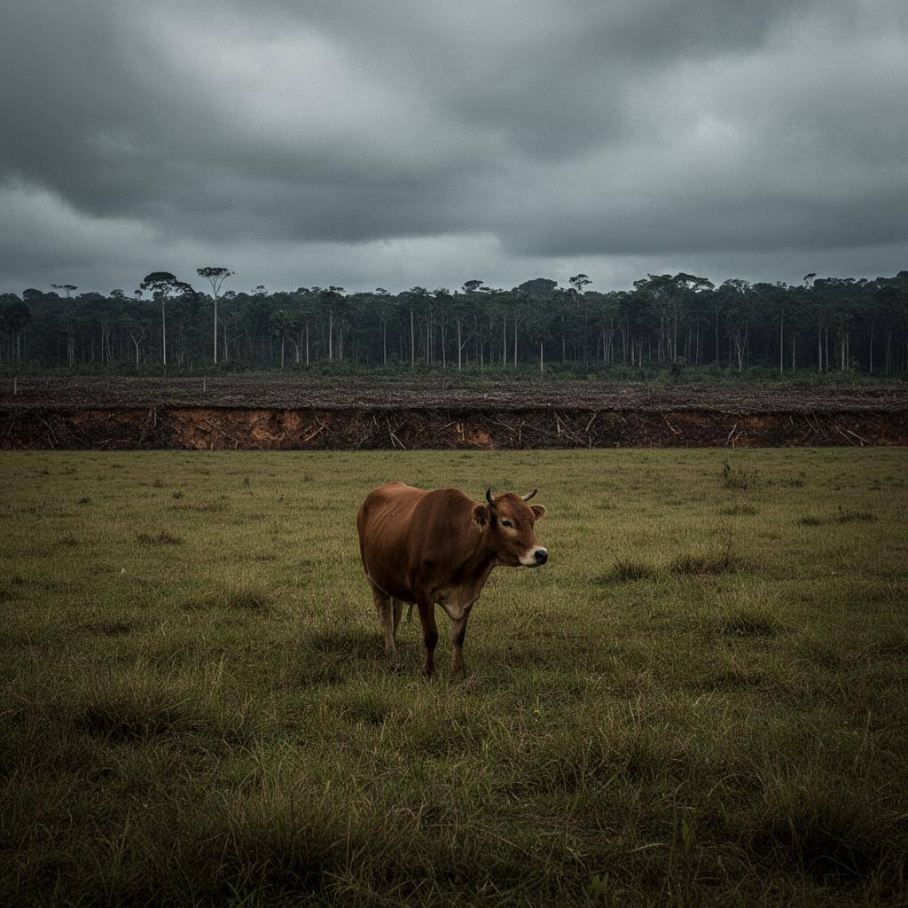 Pastagem de gado na borda da Amazônia desmatada, com céu nublado