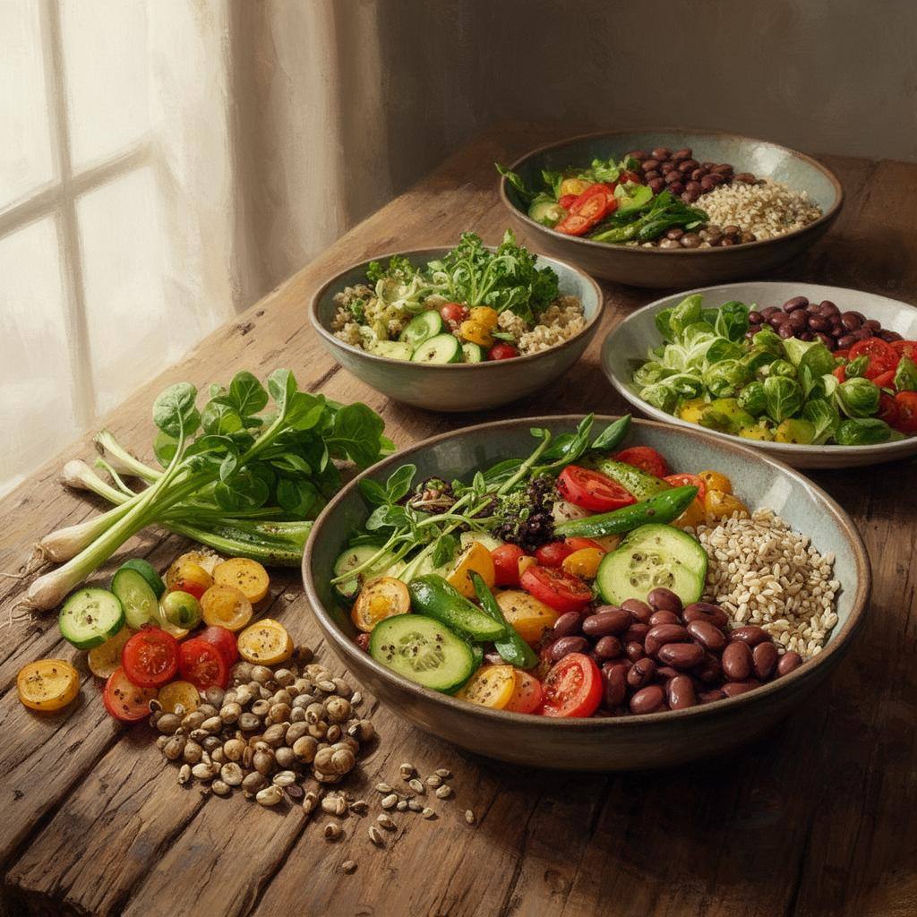 Mesa farta com pratos plant-based, legumes e grãos em iluminação natural