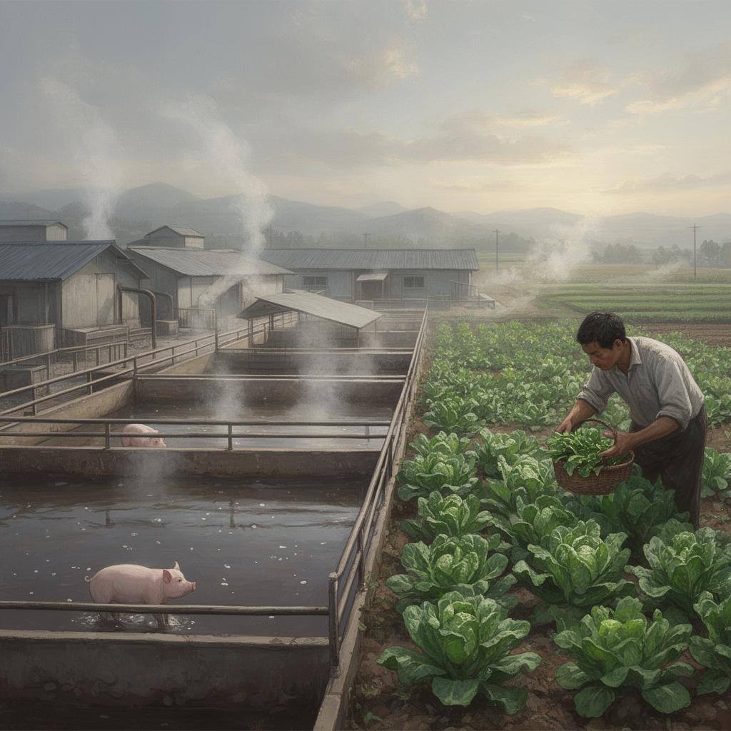 对比工业化养殖场与有机菜园，展示植物性饮食的空气质量优势。