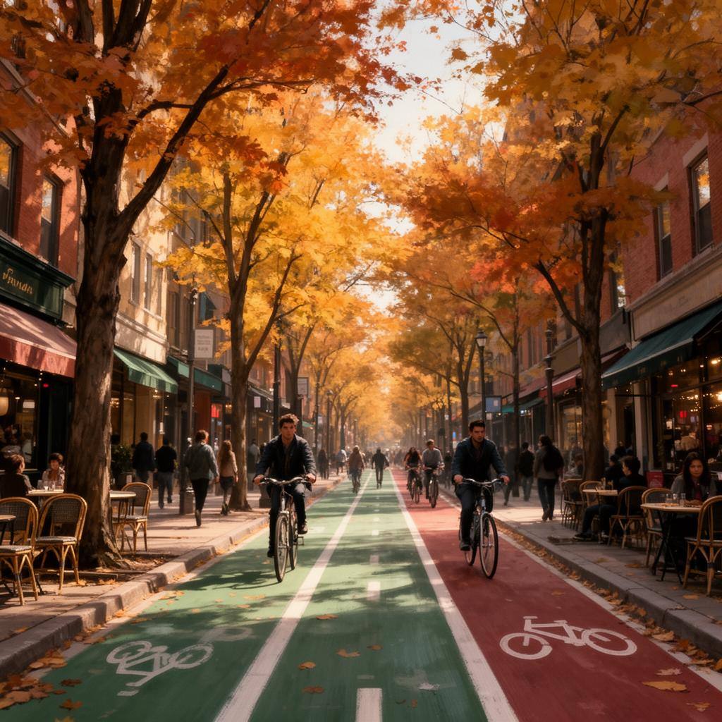 Rue piétonne animée en automne, avec cyclistes et piétons profitant des commerces locaux.