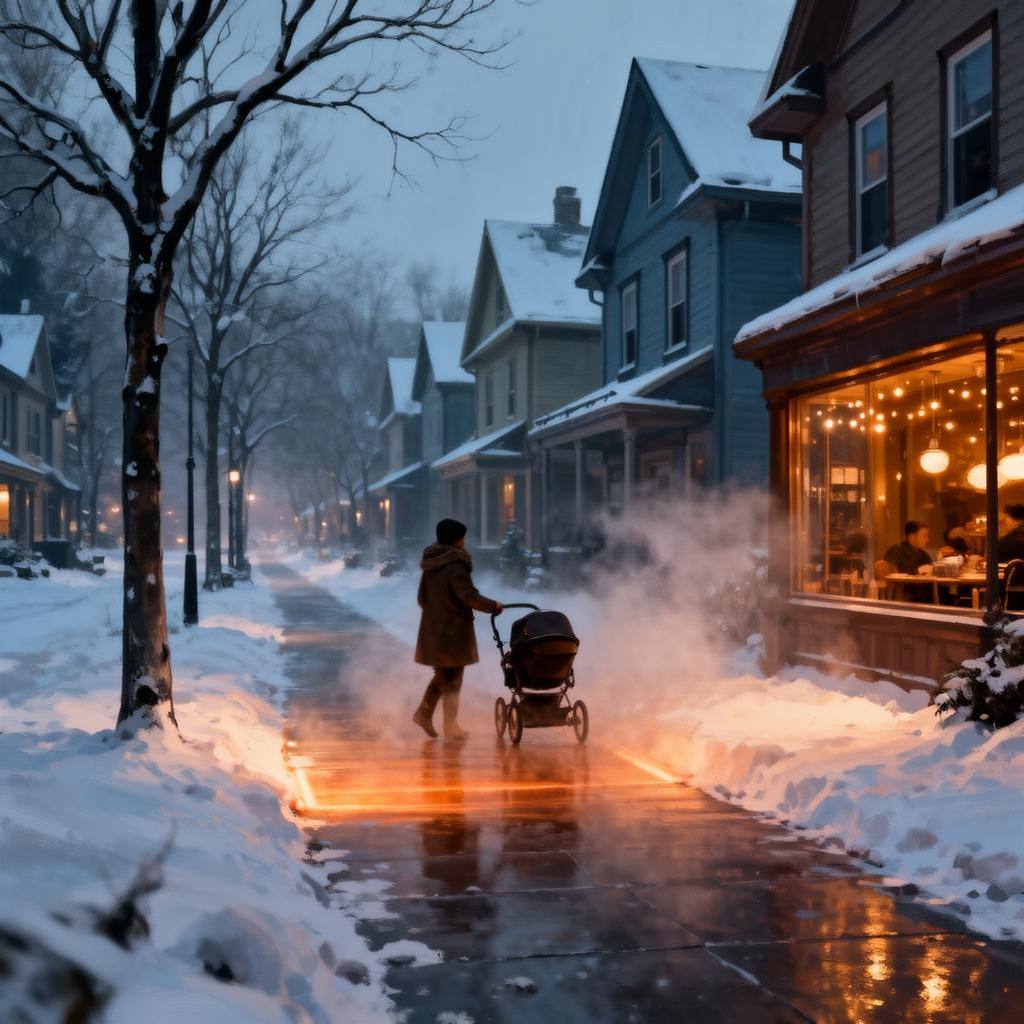 Rue résidentielle hivernale avec trottoirs chauffants, piétonne marchant près d'un café lumineux.