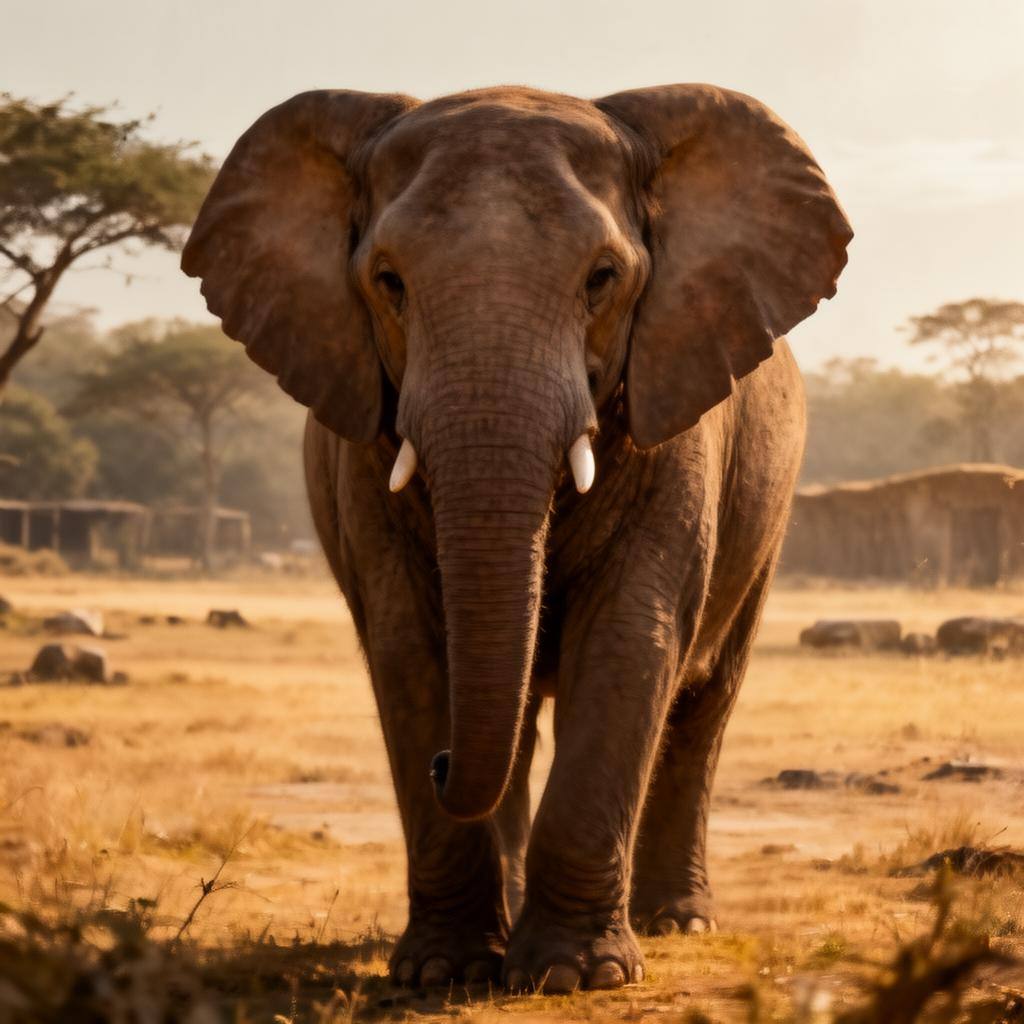 Elefante en santuario con luz cálida y mirada serena