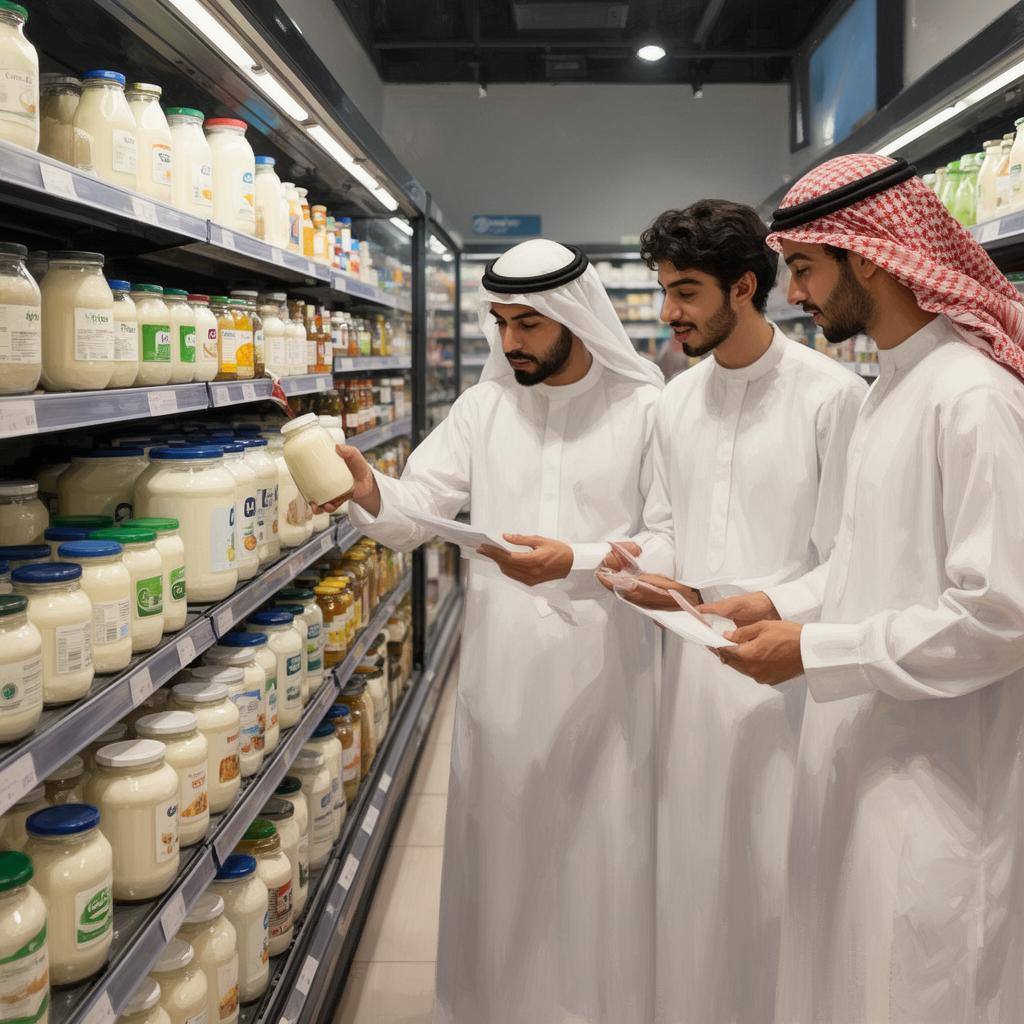 متسوقون عرب يتفقدون منتجات ألبان التخمير الدقيق في السوبرماركت