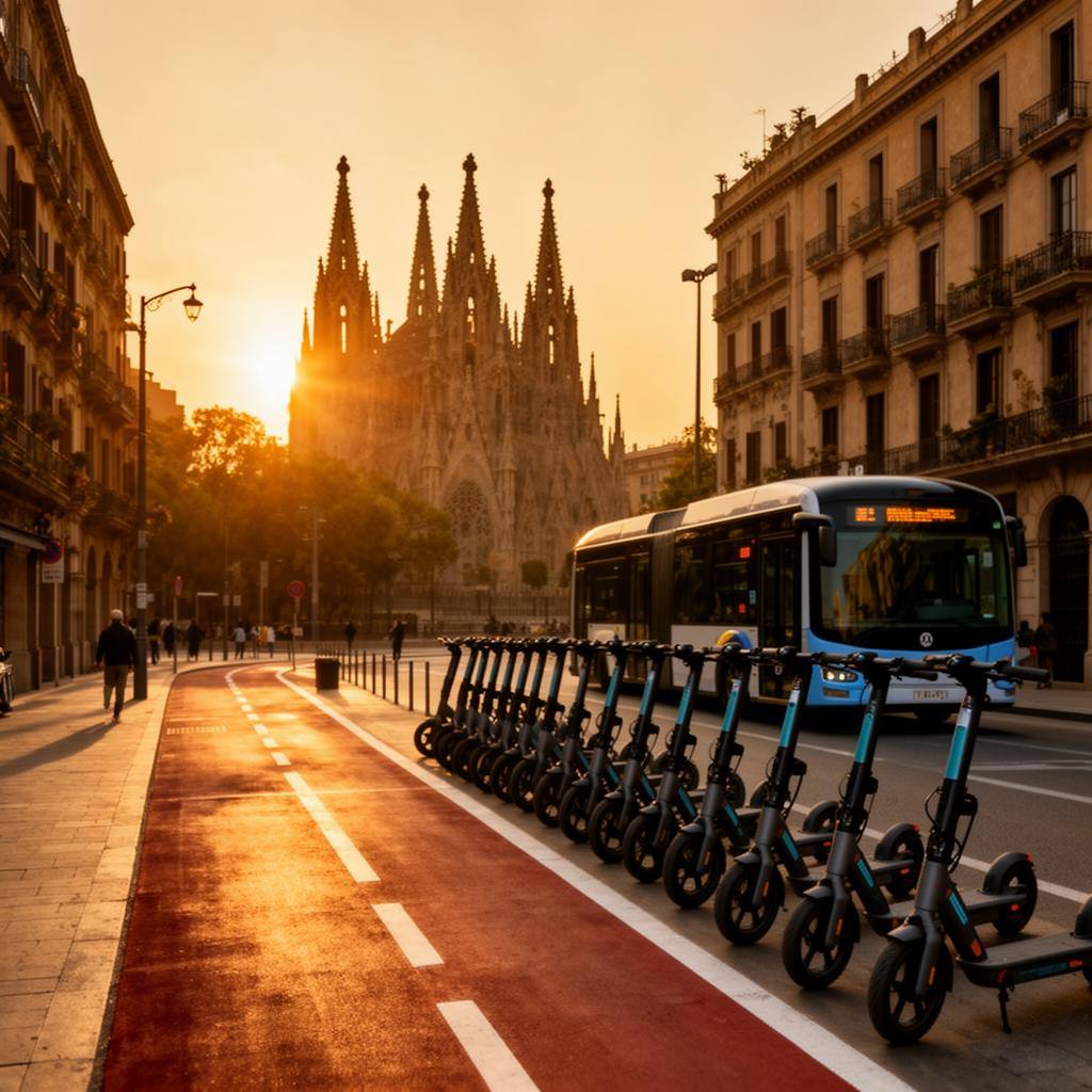 Carril bici urbano al amanecer con autobús eléctrico de fondo