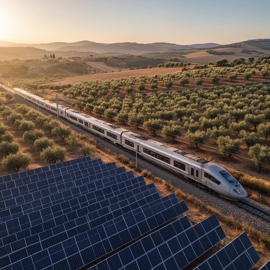 Tren de alta velocidad atravesando campos de olivos con paneles solares