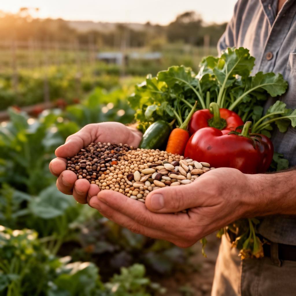 Manos sosteniendo variedades locales de semillas y verduras, apoya la biodiversidad agrícola