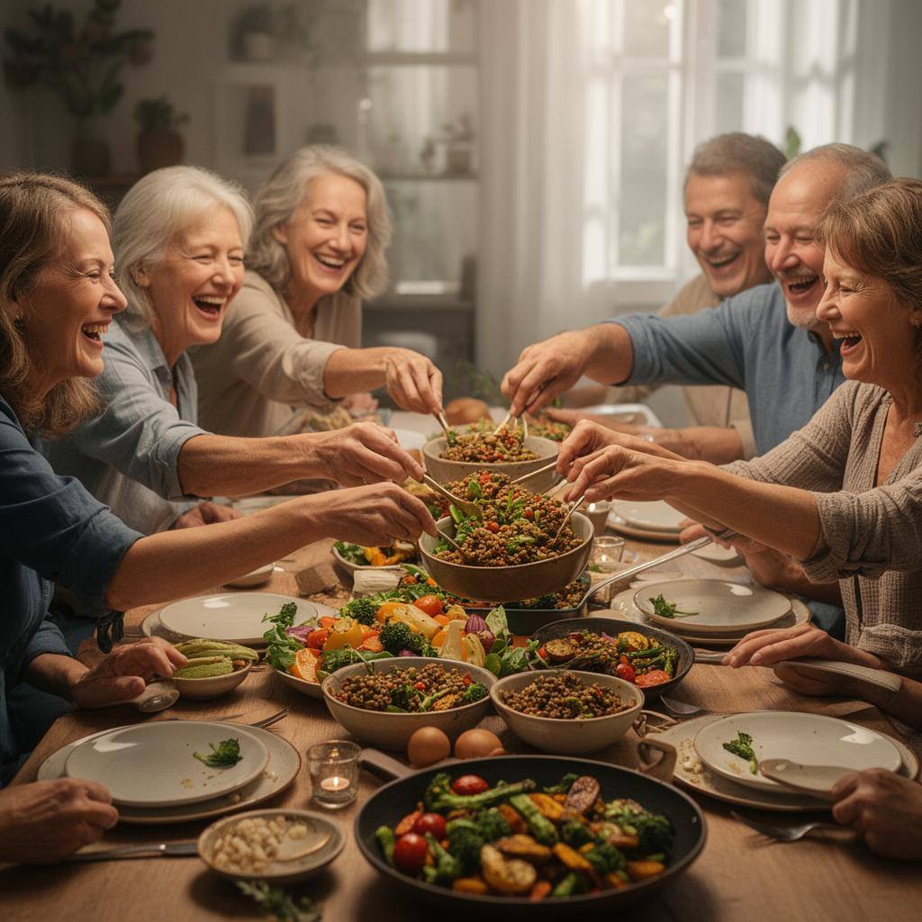 Family laughing over a plant-based meal at a warmly lit table.
