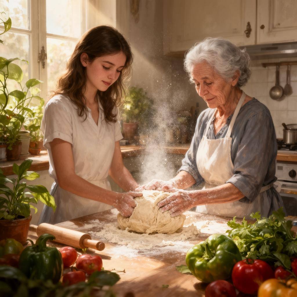 Grandmother and young woman making dough together in a bright kitchen.