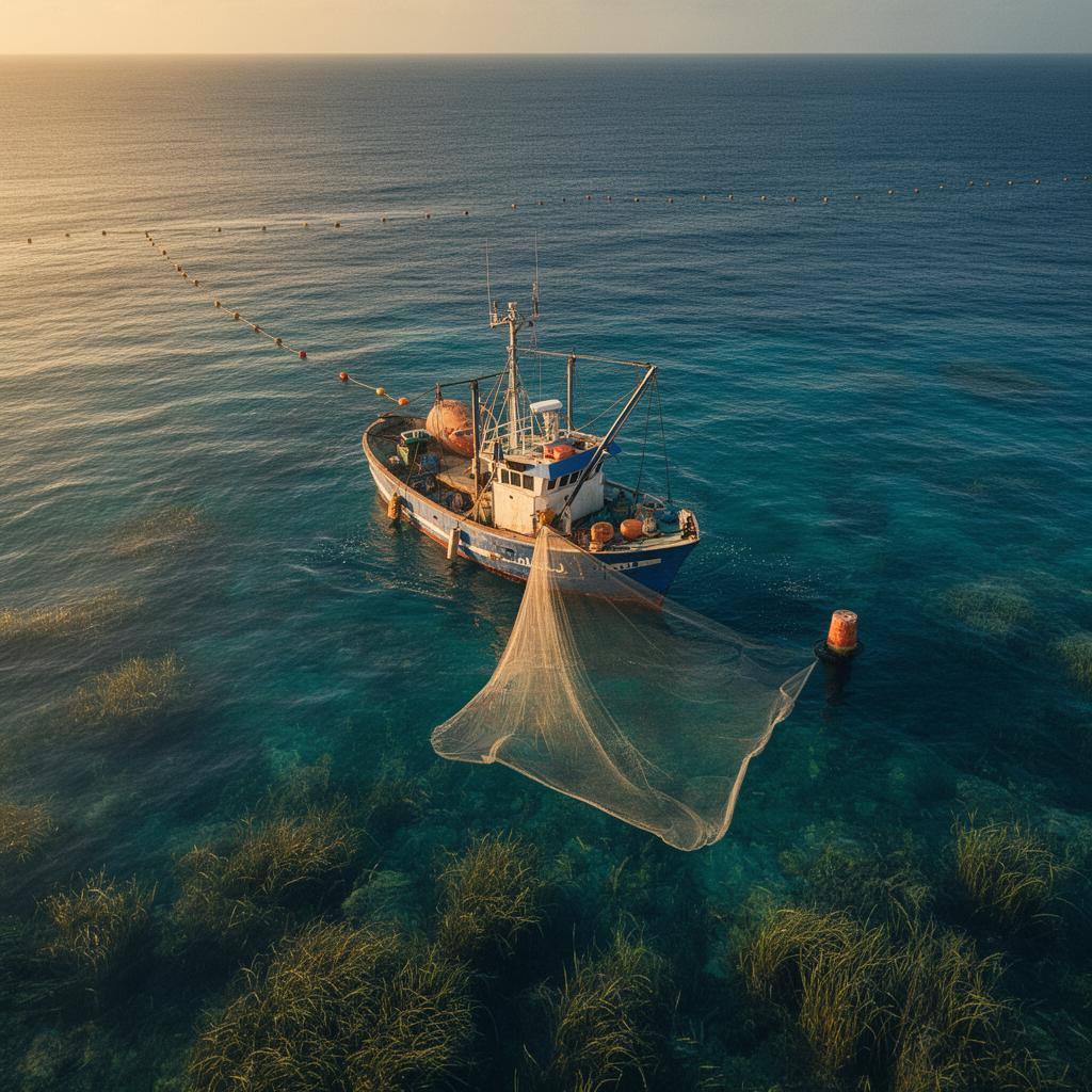 Bateau de pêche à la limite d'une zone marine protégée, avec herbiers sous-marins visibles.
