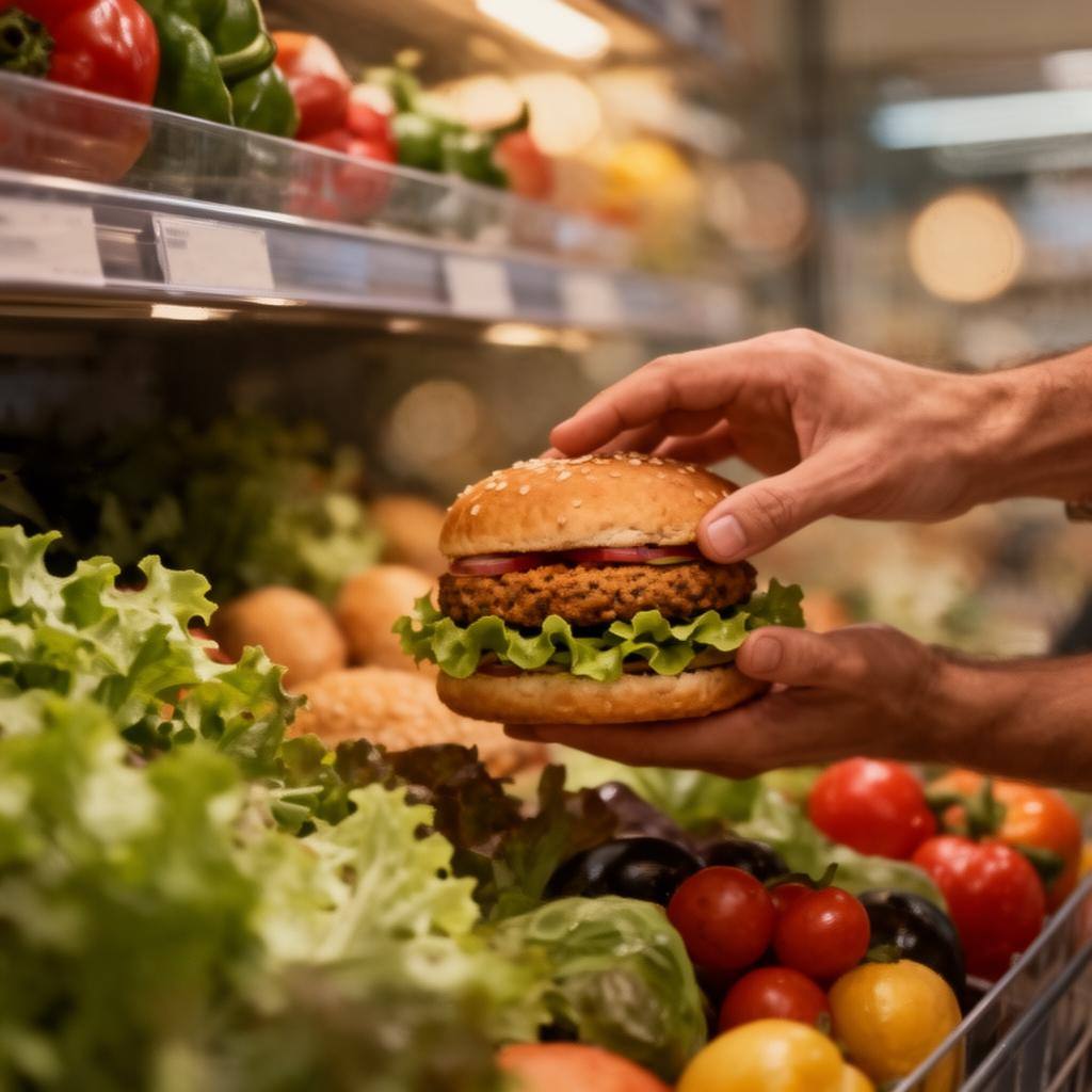 Mano de consumidor eligiendo una hamburguesa vegetal en un supermercado.