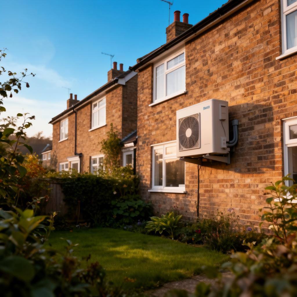 Modern heat pump unit on brick wall outside UK house.