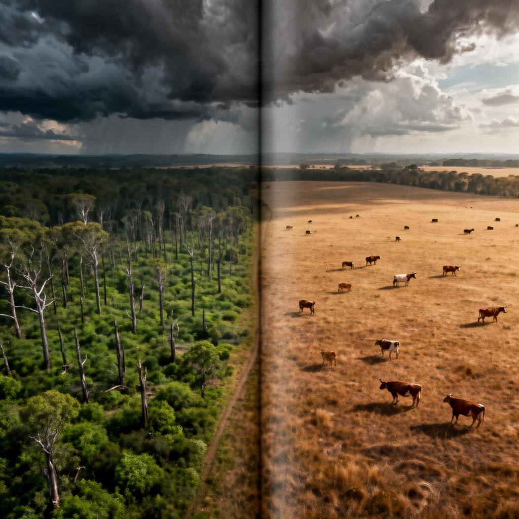 Aerial view showing forest regrowth next to dry cattle pasture.