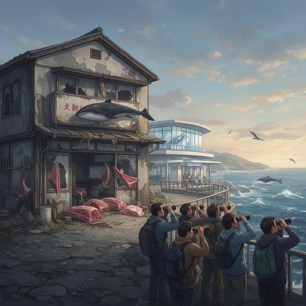 Tienda de carne de ballena cerrada y centro de avistamiento turístico en un pueblo costero japonés.