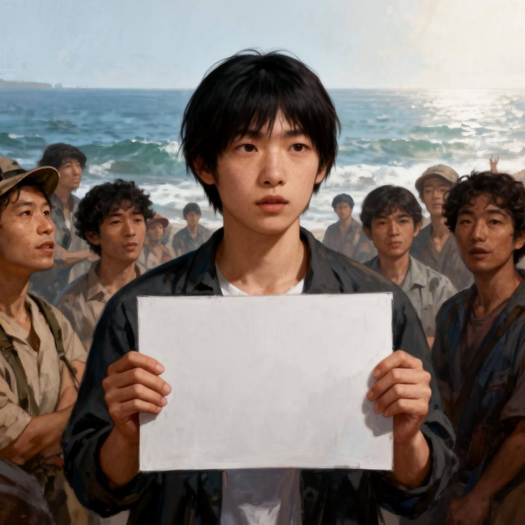 Jóvenes japoneses reunidos frente al mar en una actividad comunitaria por la protección de las ballenas.