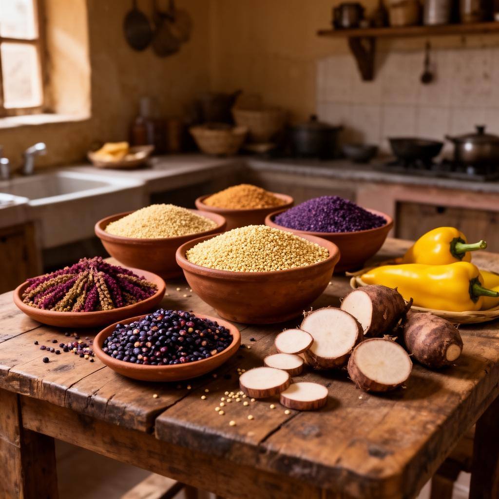 Bowls de quínoa, amaranto, maíz morado y ají amarillo sobre mesa de madera rústica.