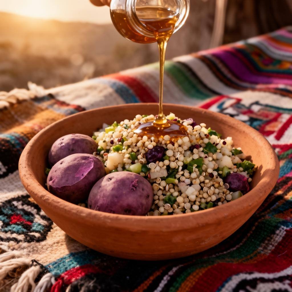 Plato vegano con papas andinas moradas, ensalada de quínoa y jarabe de chañar.