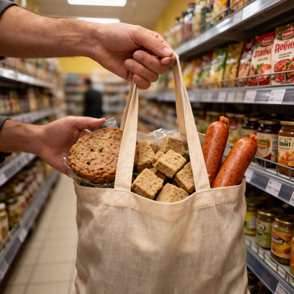 Покупатель выбирает растительные заменители мяса в супермаркете