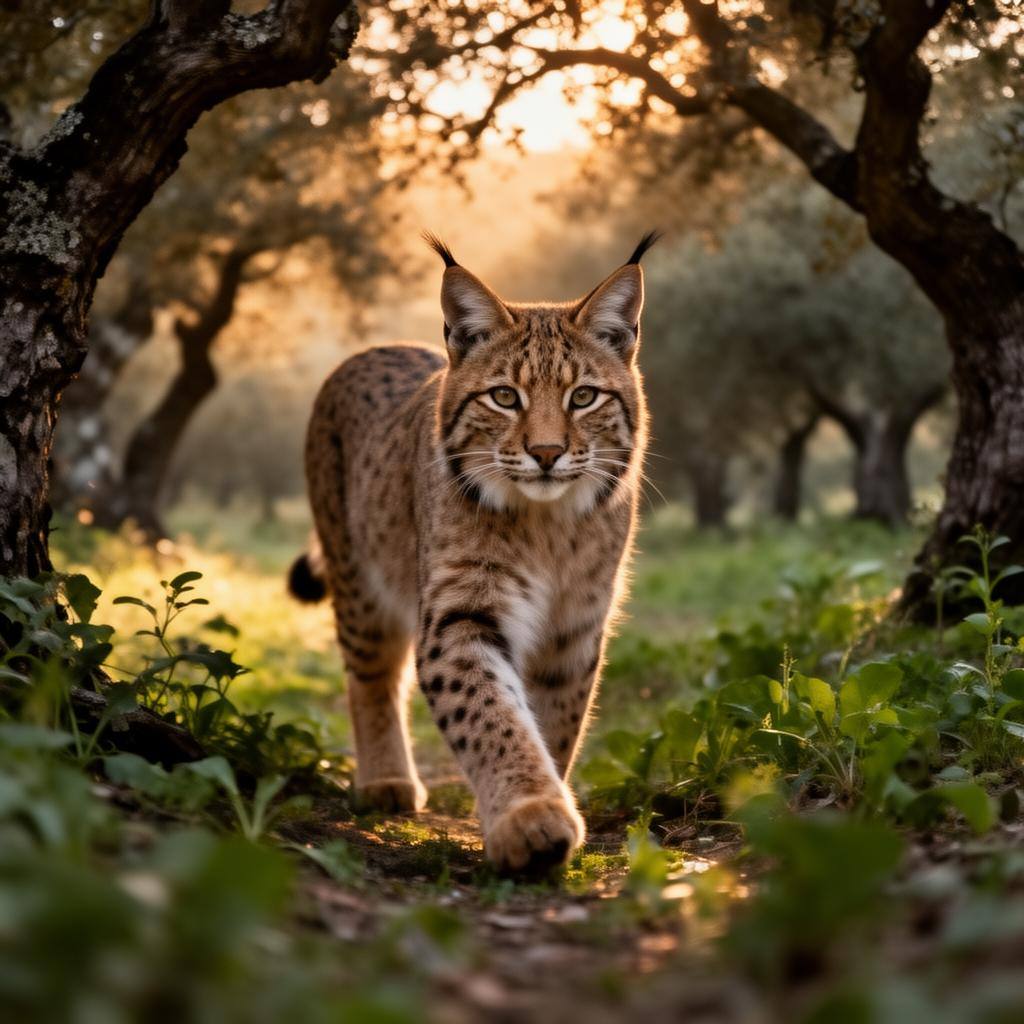 Lince-ibérico em pé sobre tronco, olhando para a câmara numa floresta mediterrânica ao entardecer.