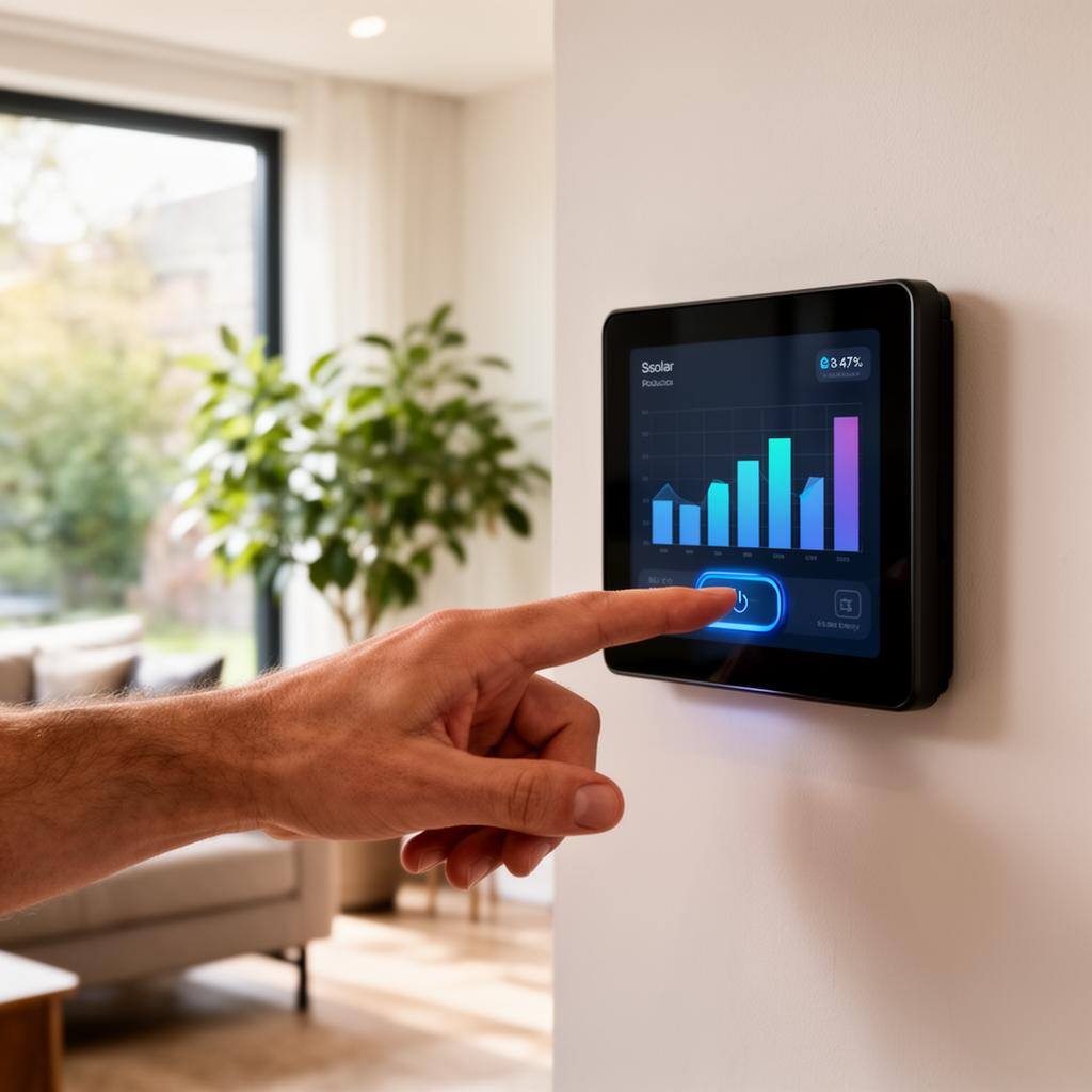 Smart-Home-Display mit Solarstrom-Daten und Batteriestatus – erneuerbare Energie zu Hause per App steuern
