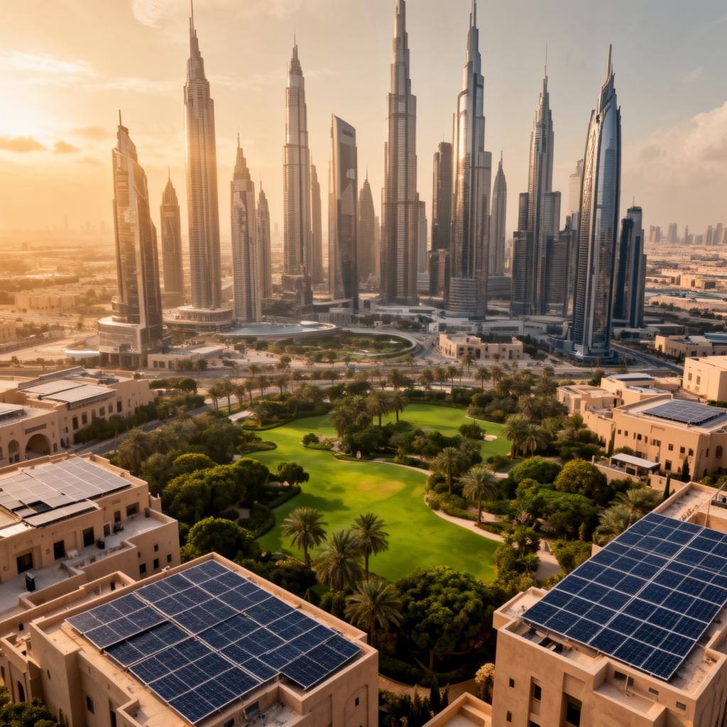أفق دبي الحديث مع ألواح شمسية على الأسطح يعكس التحول نحو الاستثمار المستدام في الخليج