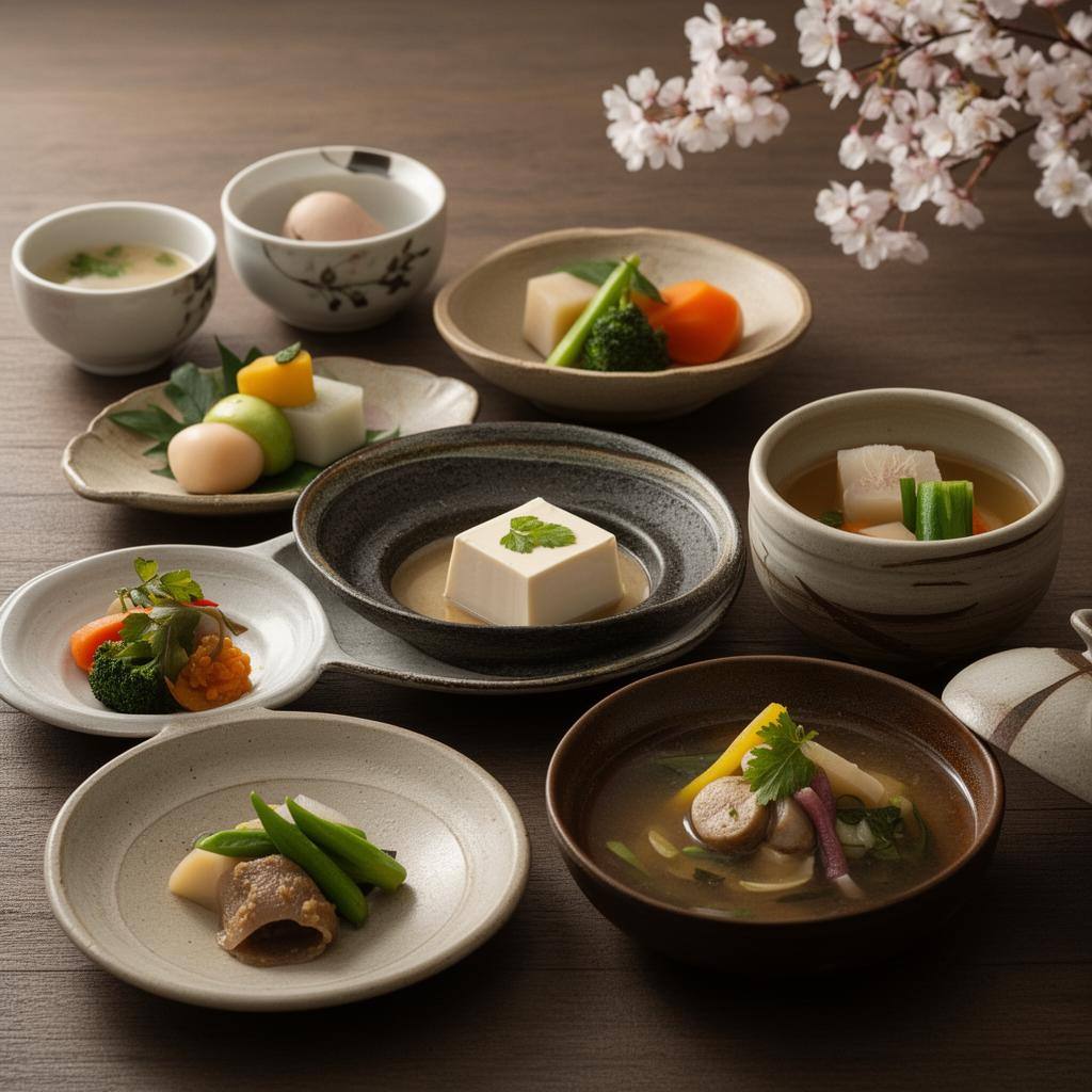 京都の精進料理のコース：湯葉と季節の野菜を盛り付けた美しい一皿