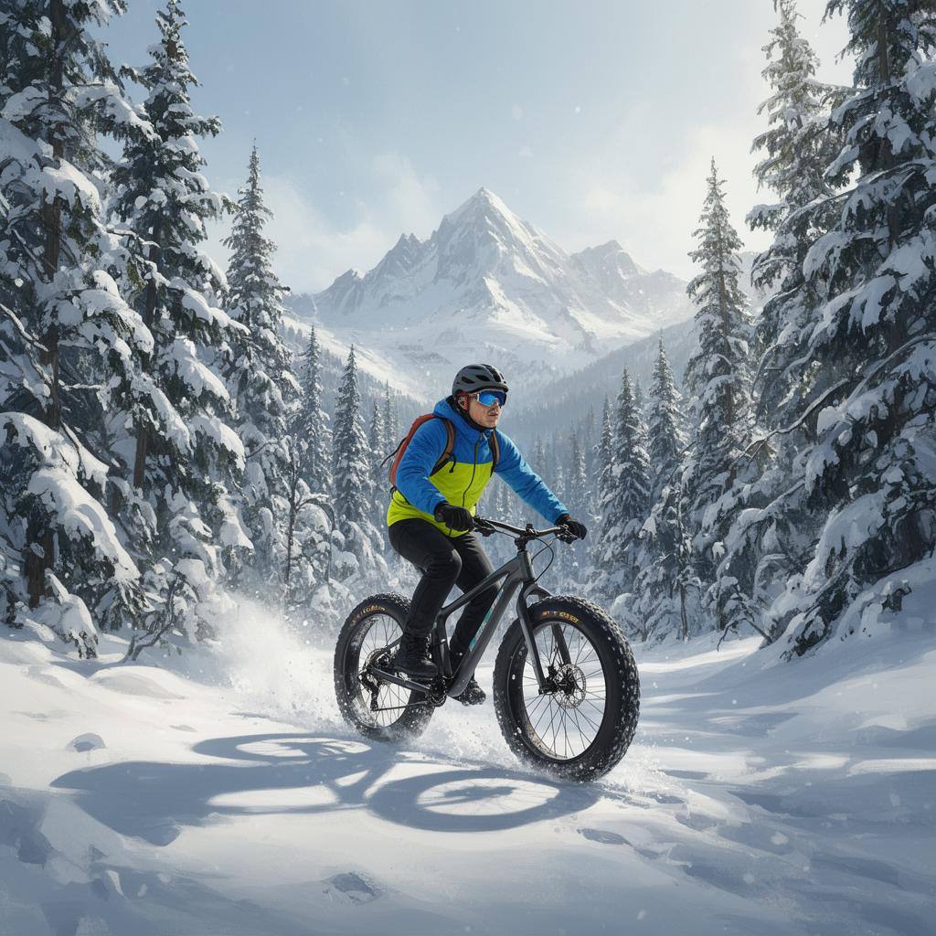 Ciclista sobre una bicicleta de nieve recorriendo un sendero nevado entre bosques de pinos.