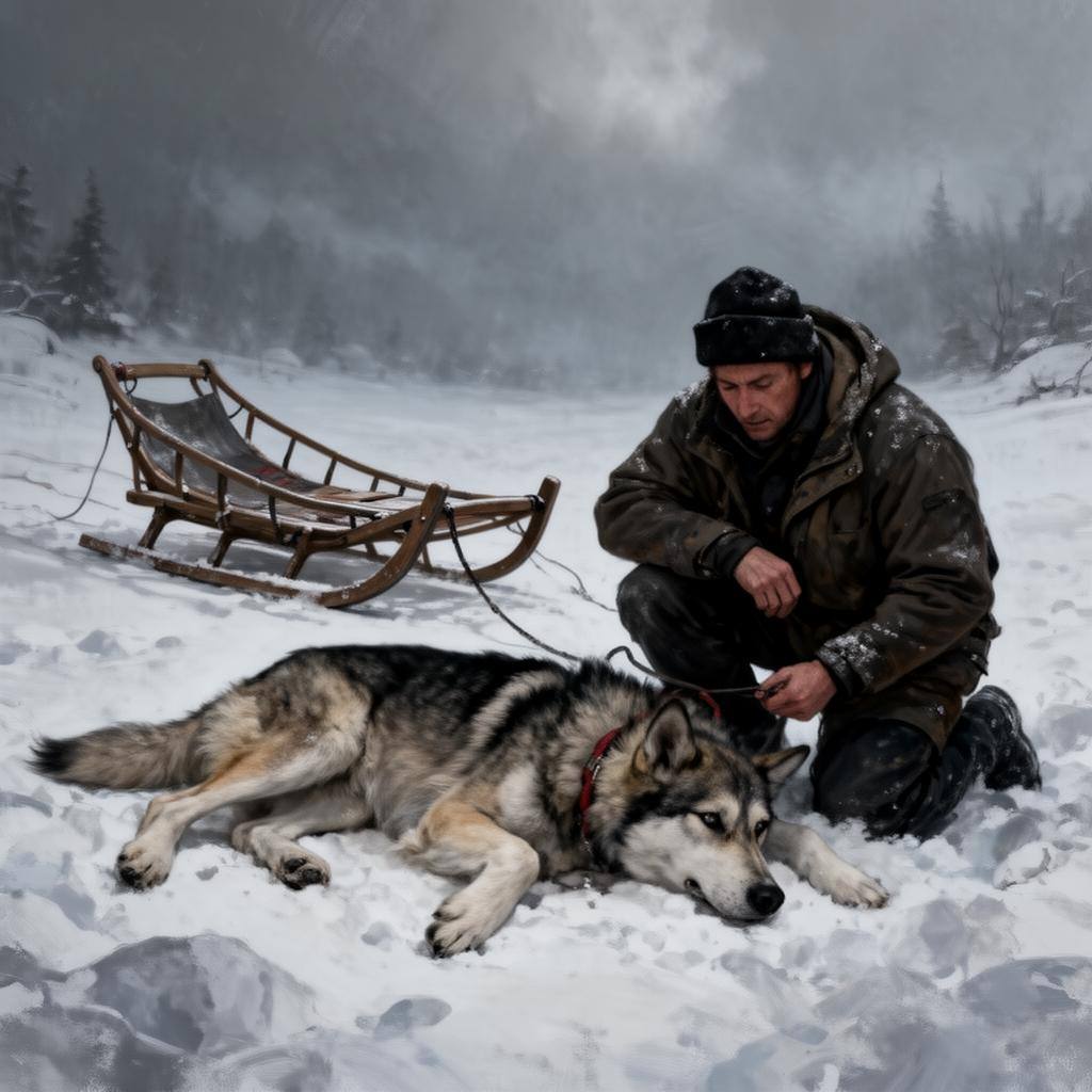 Perro de trineo agotado sobre la nieve mientras un musher lo atiende en un día nublado.