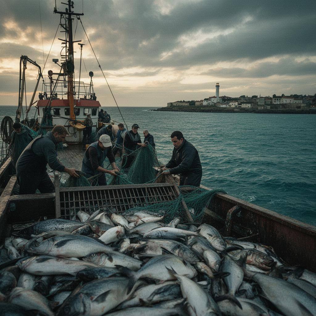 Chalutier français à l'aube, pêcheurs triant le poisson avec une grille de sélectivité, ambiance mélancolique.