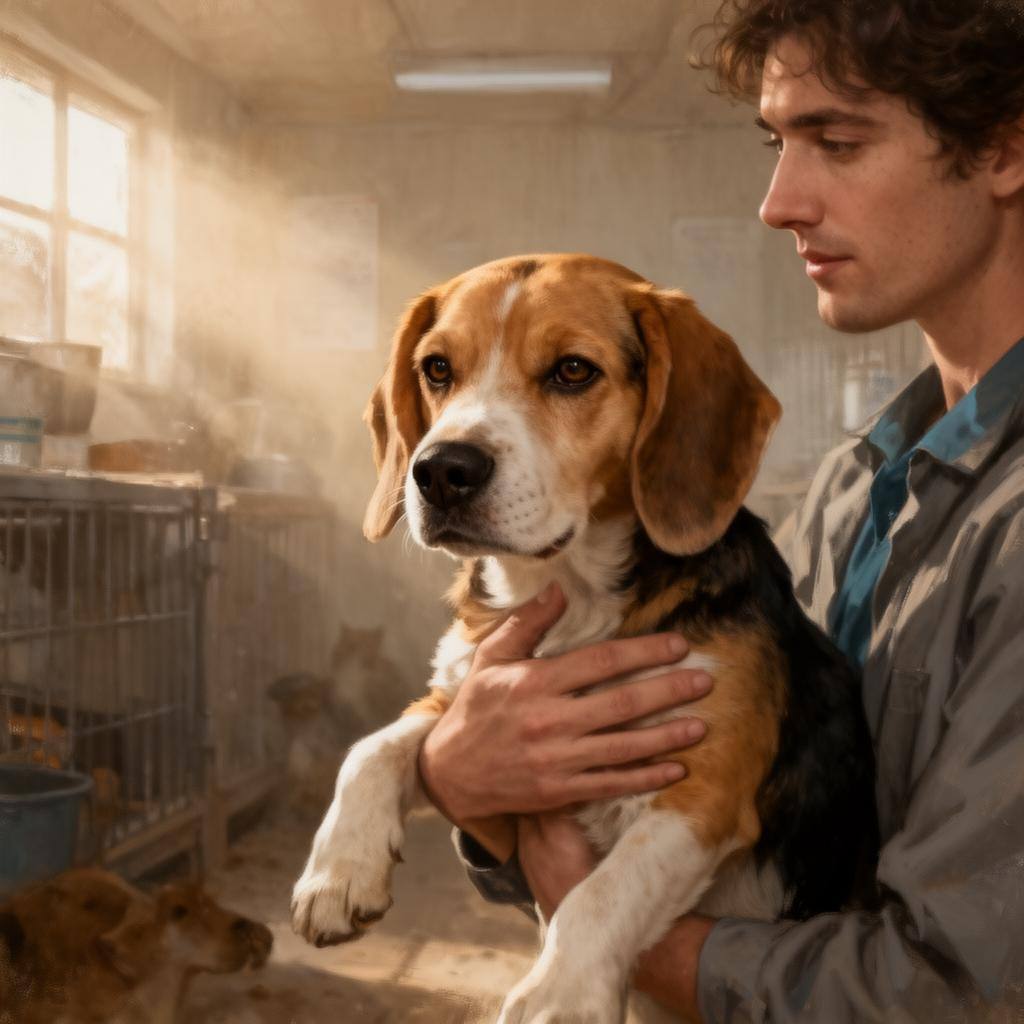 Un beagle sauvé tenu avec douceur par une soigneuse dans un refuge.