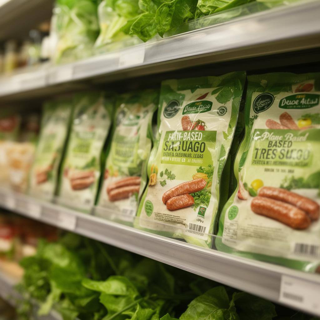 أرفف متجر عربي تعرض بدائل نباتية للحوم، مع عبوات Beyond Meat وImpossible Foods