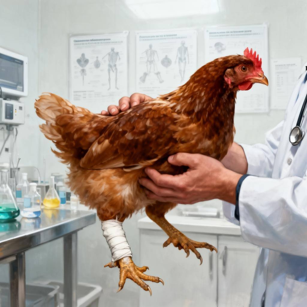 Médica veterinária examina a perna de frango com problema em clínica, representando o caso Frankenchicken