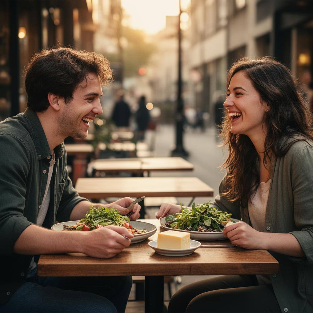 Paar beim veganen Date im Café, beide lächeln sich an, Teller mit veganem Essen.