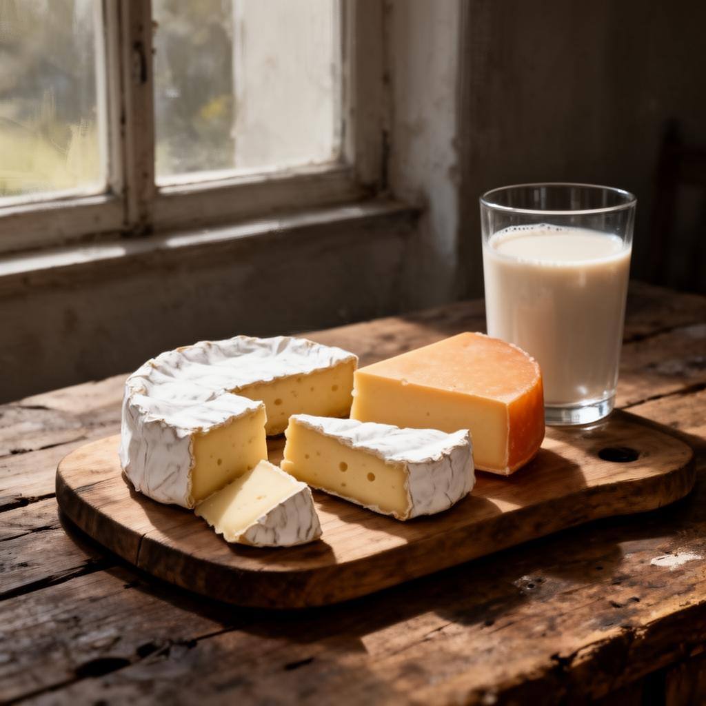 Plateau de fromages traditionnels et un verre de lait végétal sur une table en bois.