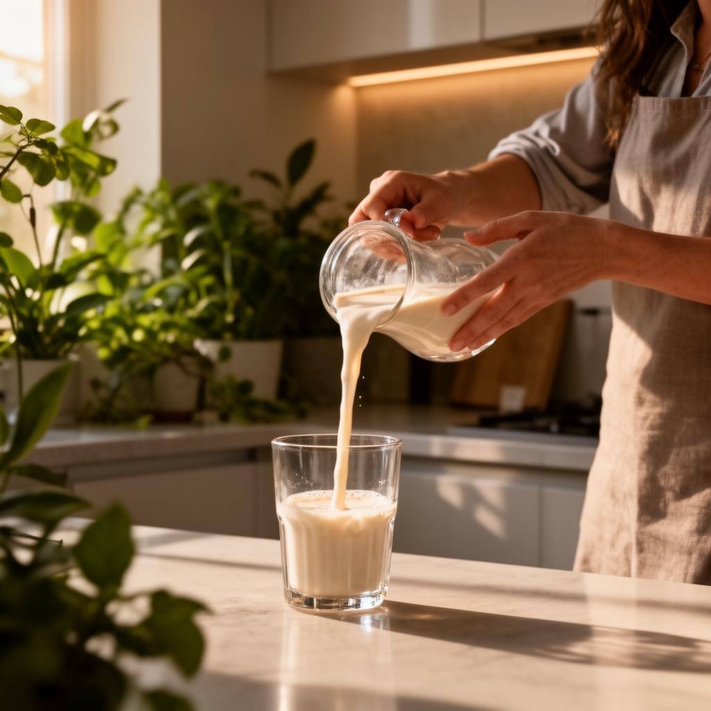 Main versant une boisson végétale dans un verre, cuisine moderne lumineuse.