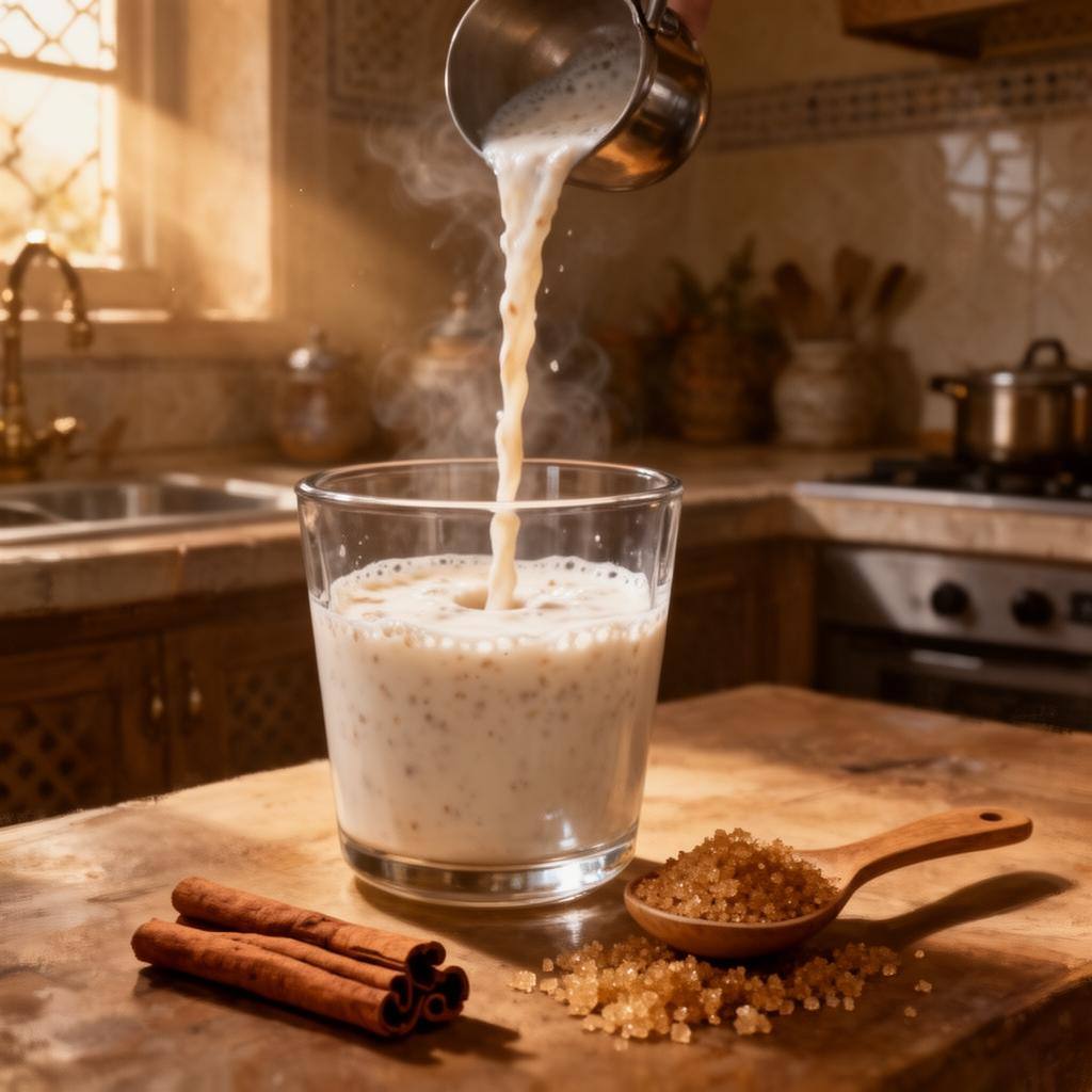 صب حليب الشوفان الطازج في كوب زجاجي داخل مطبخ عربي مضيء، خطوة نحو استبدال الألبان في الحلويات