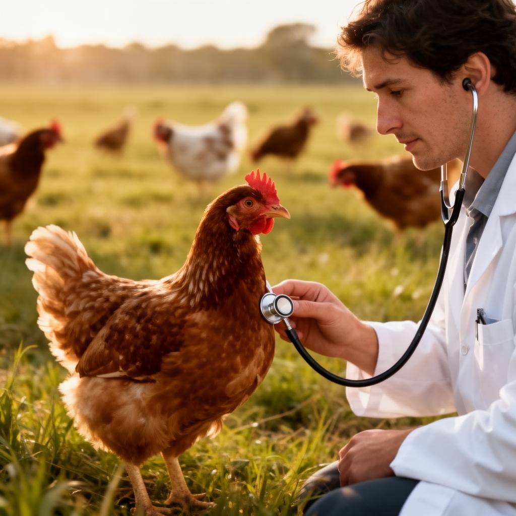 Veterinária examinando frango ao ar livre em pasto ensolarado, ética na criação.