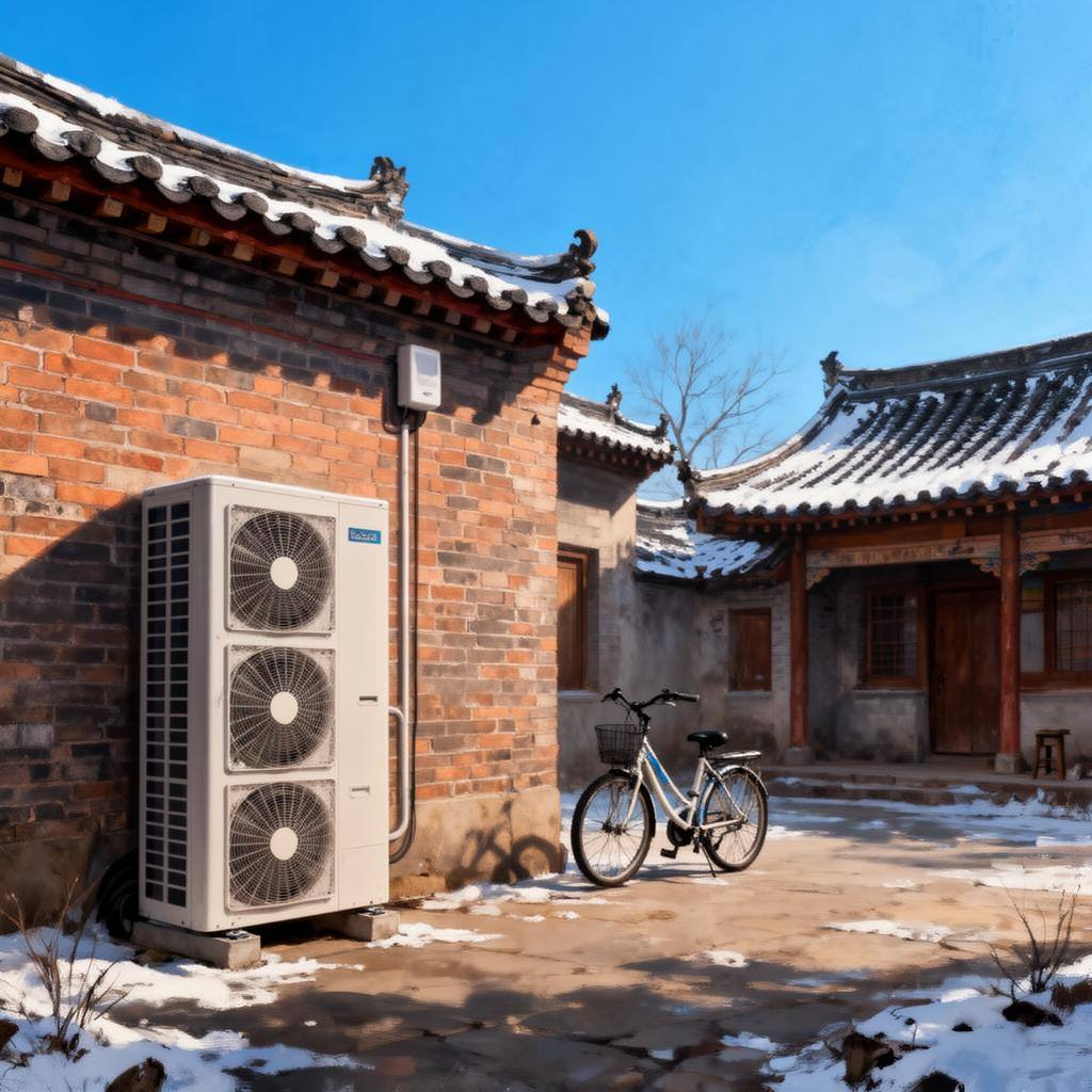 中国北方农村院落安装的空气源热泵，传统与现代科技融合的场景