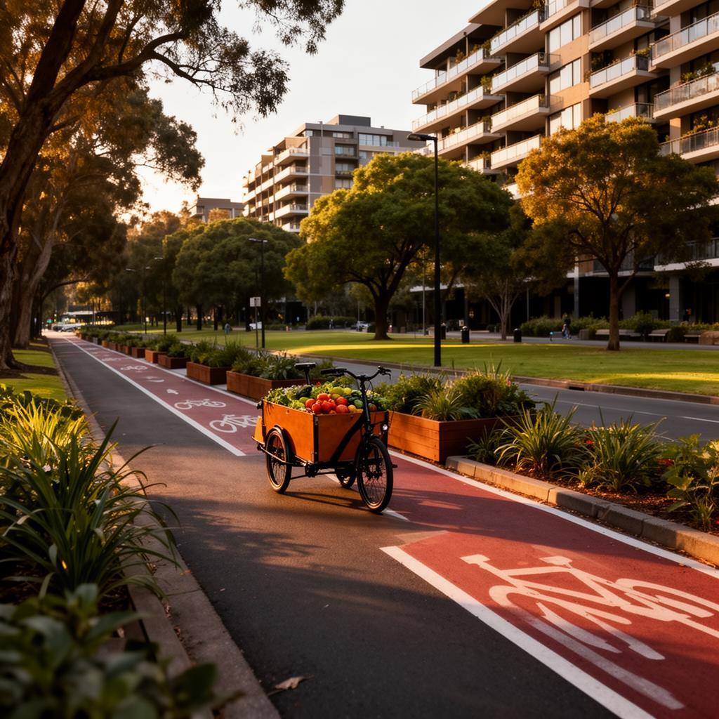 Australian city cycling lane with planters and cargo bike in Melbourne