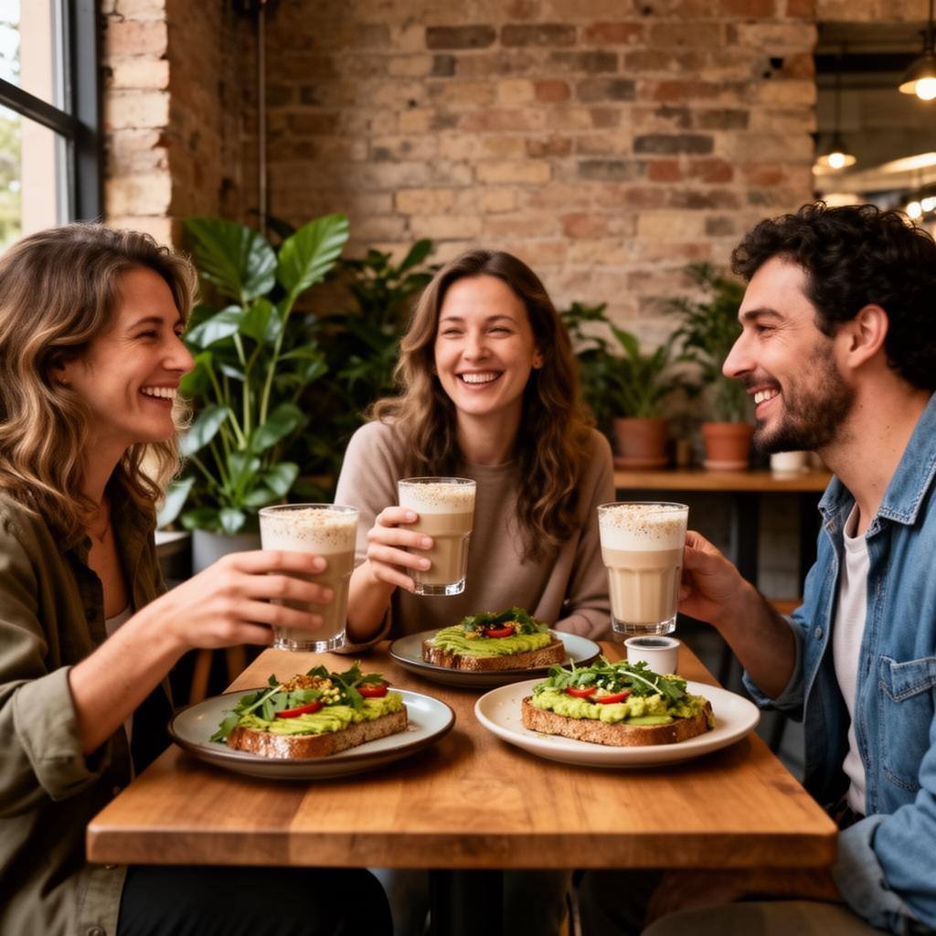 メルボルンのカフェでヴィーガンブランチを楽しむ友人たち