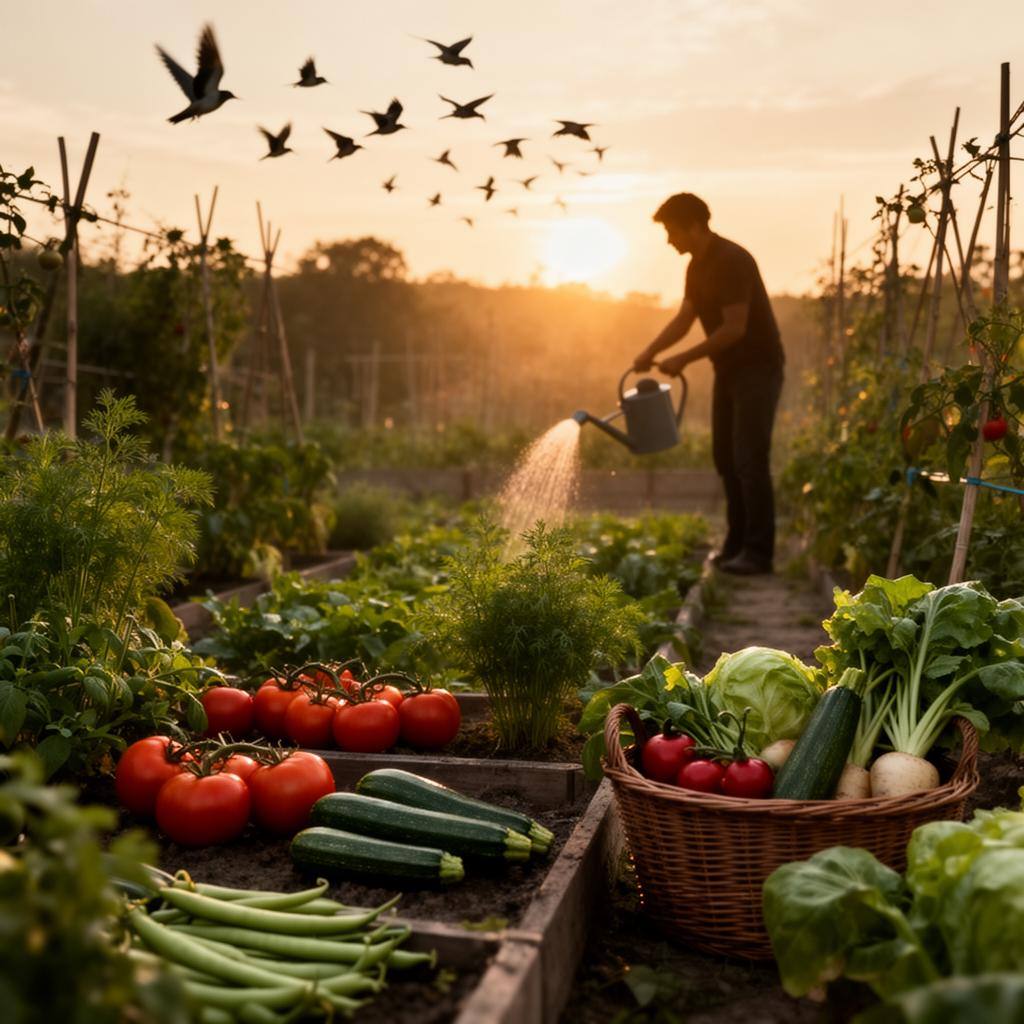 Potager biologique français avec légumes de saison et panier de récolte pour un repas sans viande