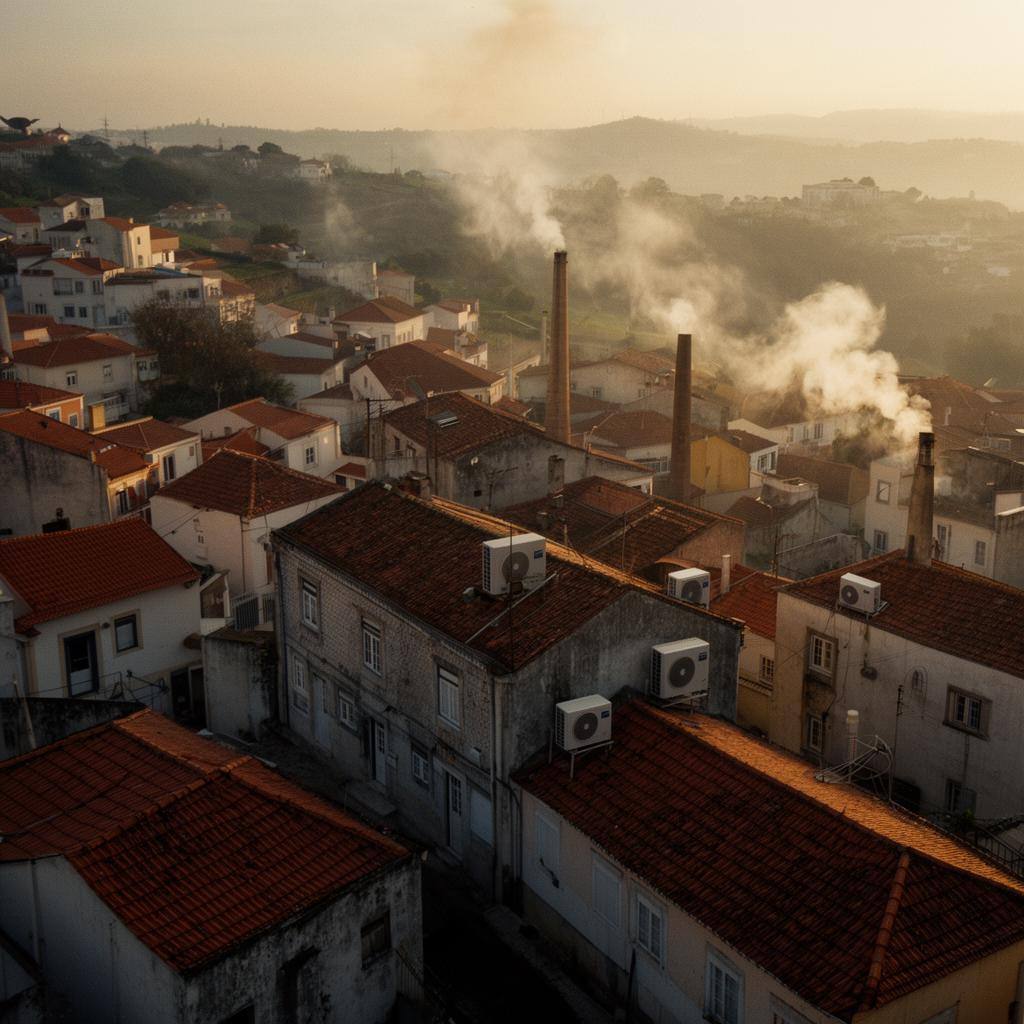 Vista aérea de bairro português misturando chaminés antigas e novas bombas de calor em telhados.