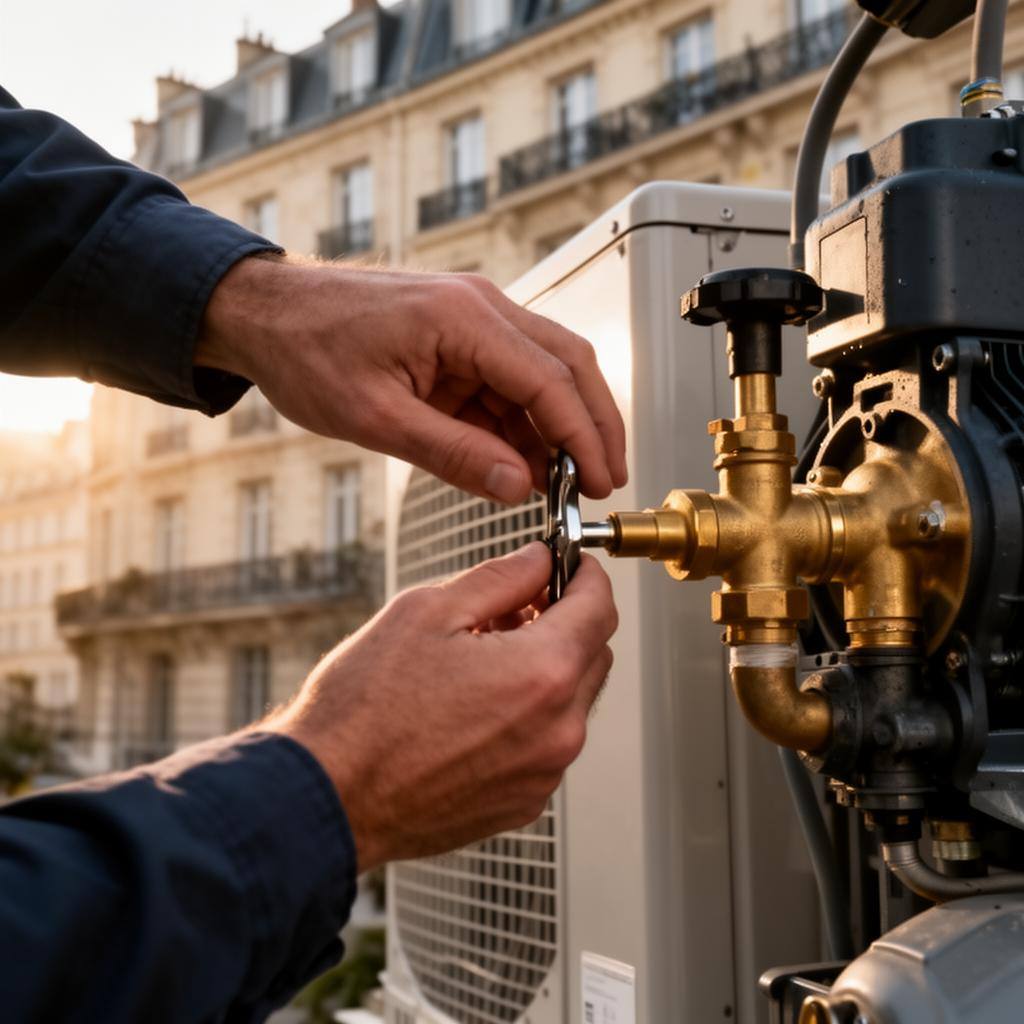 Técnico a instalar bomba de calor em casa europeia, com ferramentas e cilindro de gás ao lado.