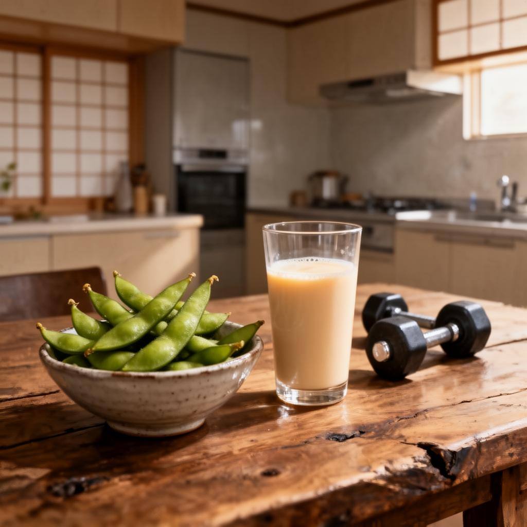 枝豆と豆乳、ダンベルが置かれたテーブル。植物性タンパク質と運動の組み合わせで筋肉維持をサポート。