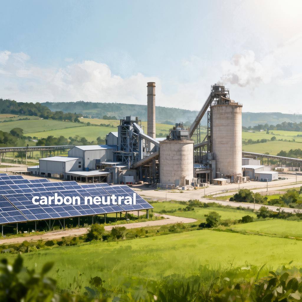 Moderner Zementhersteller mit Solaranlagen für emissionsarme Produktion.